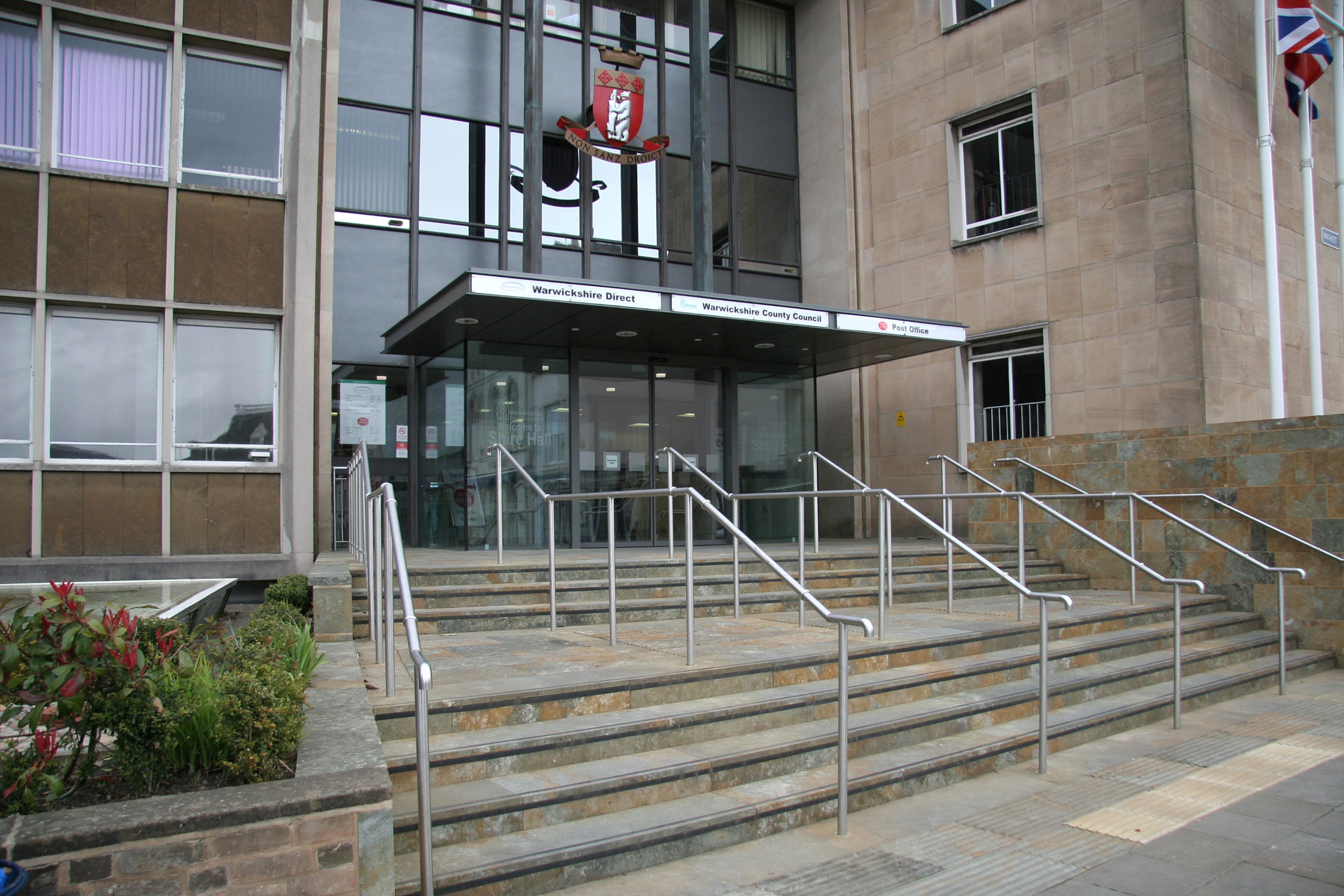 The front door of Shire Hall in Warwickshire, the headquarters of Warwickshire County Council