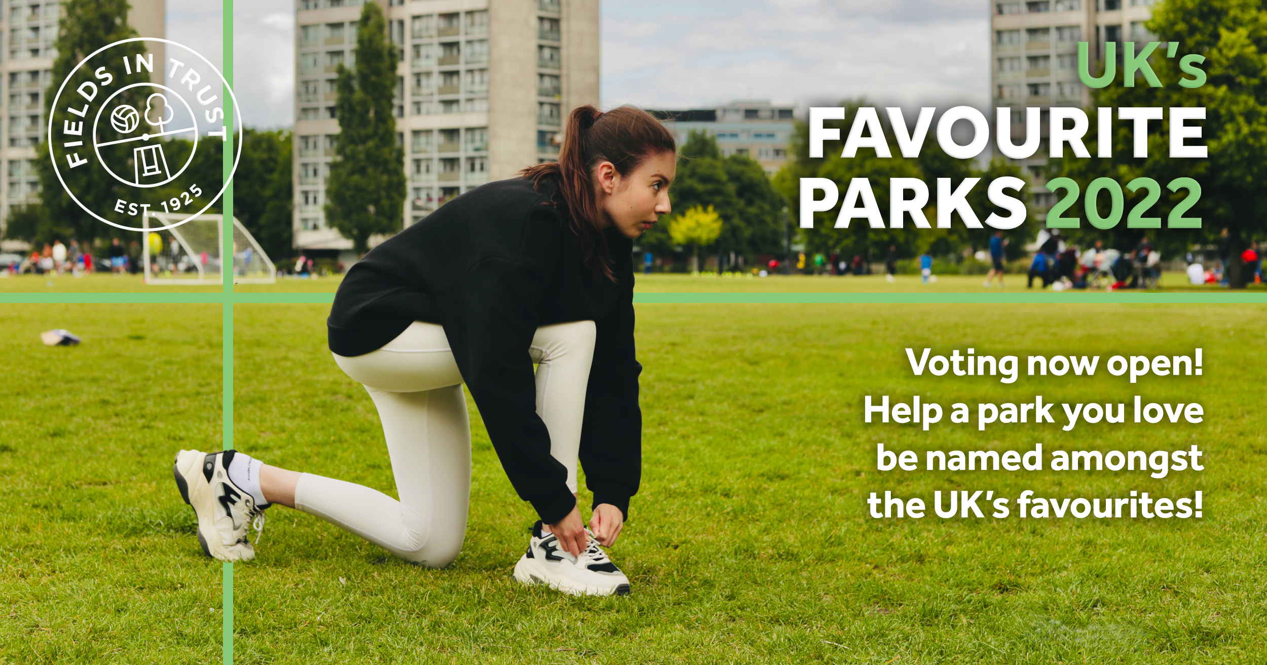 Image of lady tying her shoelace on a green field, with text encouraging people to vote for their favourite park.