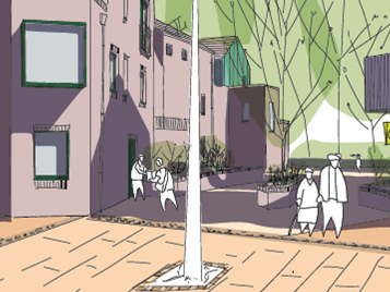 artist impression of communal square with trees and modern living accommodation.