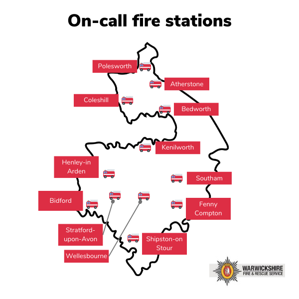 Map of on-call fire stations in Warwickshire