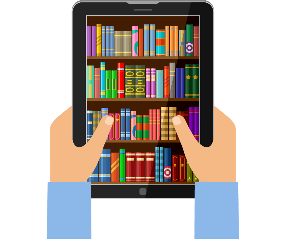 Image representing an online library - books on a tablet screen