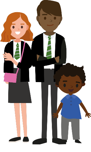 Three young people standing next to each other with two wearing school uniform