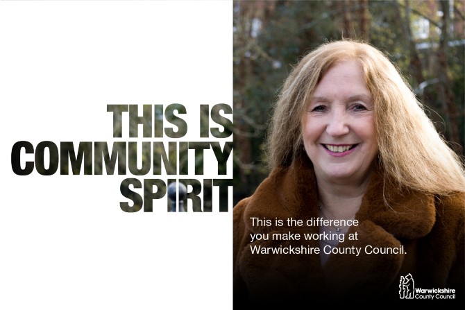 An image of a woman smiling and text that says this is community spirit