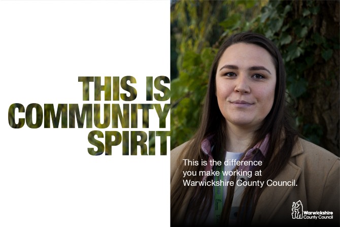 A woman smiling along with text that says this is community spirit