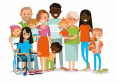 A graphic showing a group of people of various ages, all smiling towards the viewer.