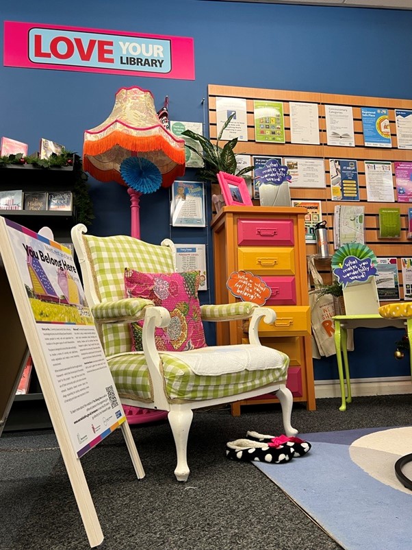 Armchair in the "I Belong Here" installation at Polesworth Library.