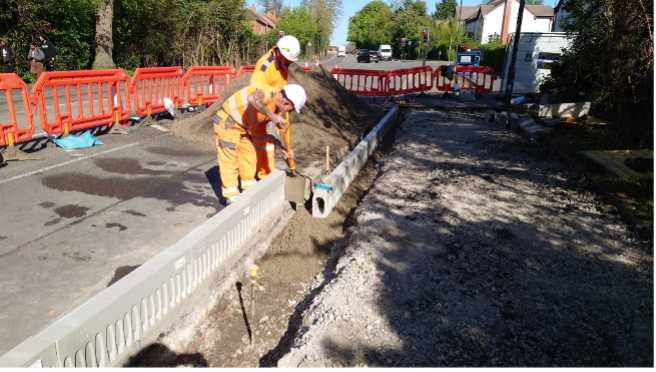 Different angle of Kerbing being put in for widened footpath