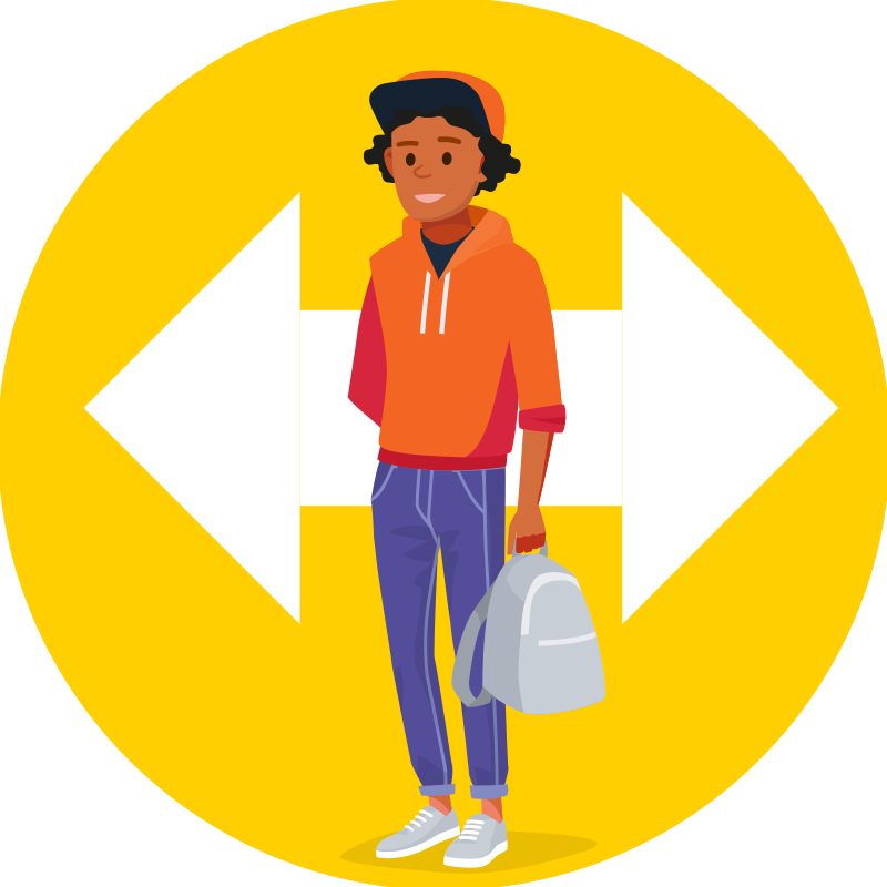 Someone standing in front of two arrows pointing left and right