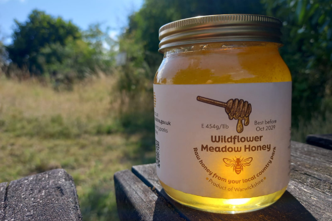 A jar of delicious honey by a meadow