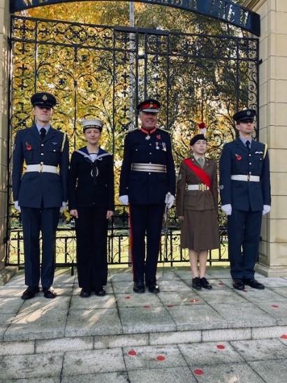 Lord Lieutenant of Warwickshire Tim Cox (centre) in attendance at the Bedworth Armistice Day Parade with the Lord Lieutenant’s cadets.