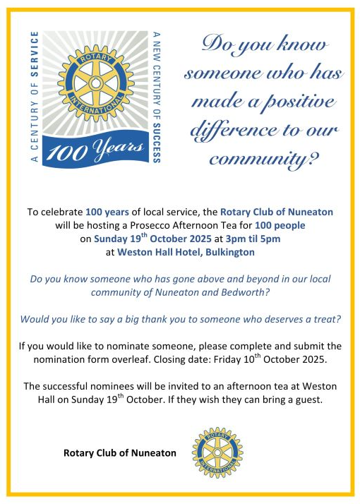 Nuneaton Rotary Club prosecco afternoon tea advertisement flyer