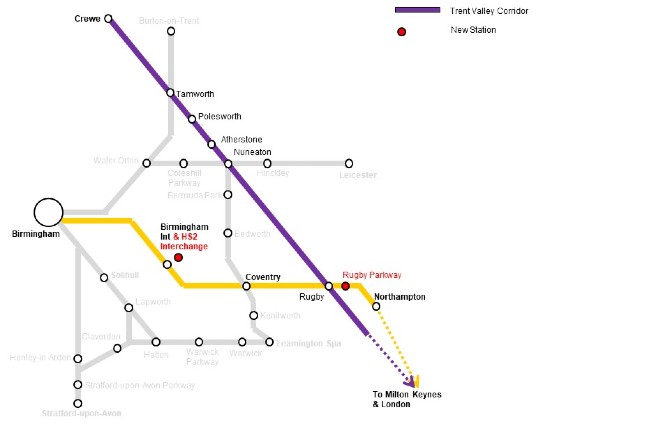 Station map of connection railway stations to Rugby