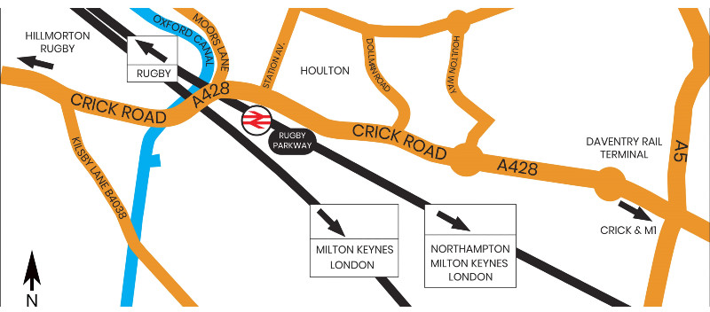 Location plan of Rugby Parkway Station - access of A428 Crick Road