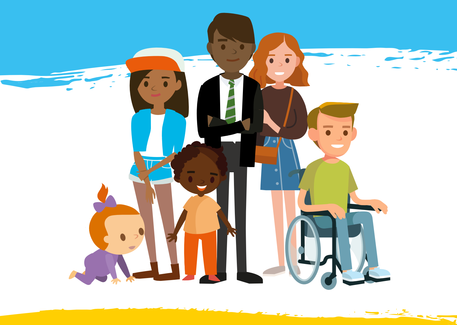 A group of children and young people from toddler up to adolescent. One young boy is in a wheelchair. (illustration)
