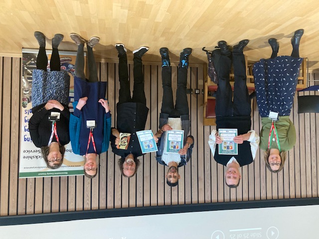 Warwickshire School Libraries Service team with three of the authors (from left to right: Emma Taylor, Anthony McGowan, Nathanael Lessore, SF Said, Angela Edwards, and Jess Dunnicliff).