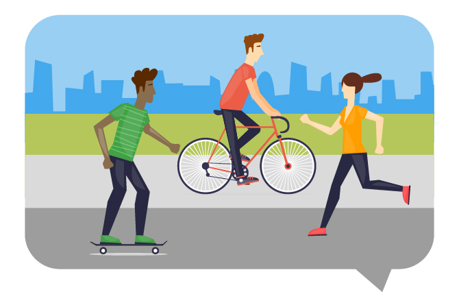 Illustration of a man on a skateboard, woman jogging and a man on a bike with green grass behind and a city scape in the distance.