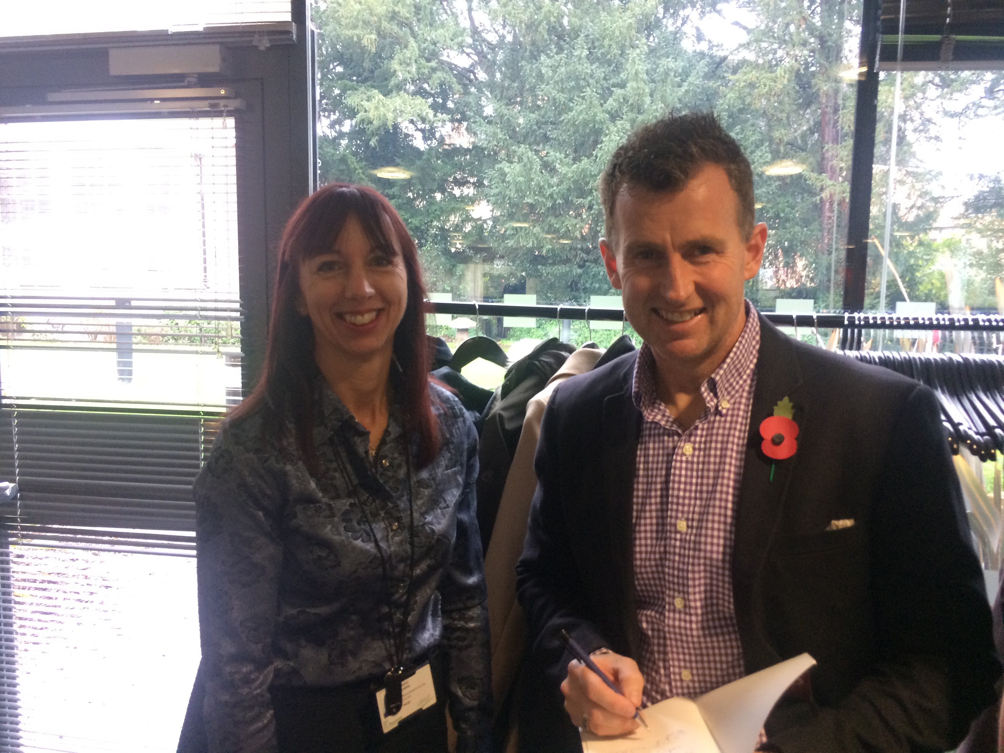 Sarah Turpin with international rugby player Nigel Owens at a WCC speaker event in November 2016.