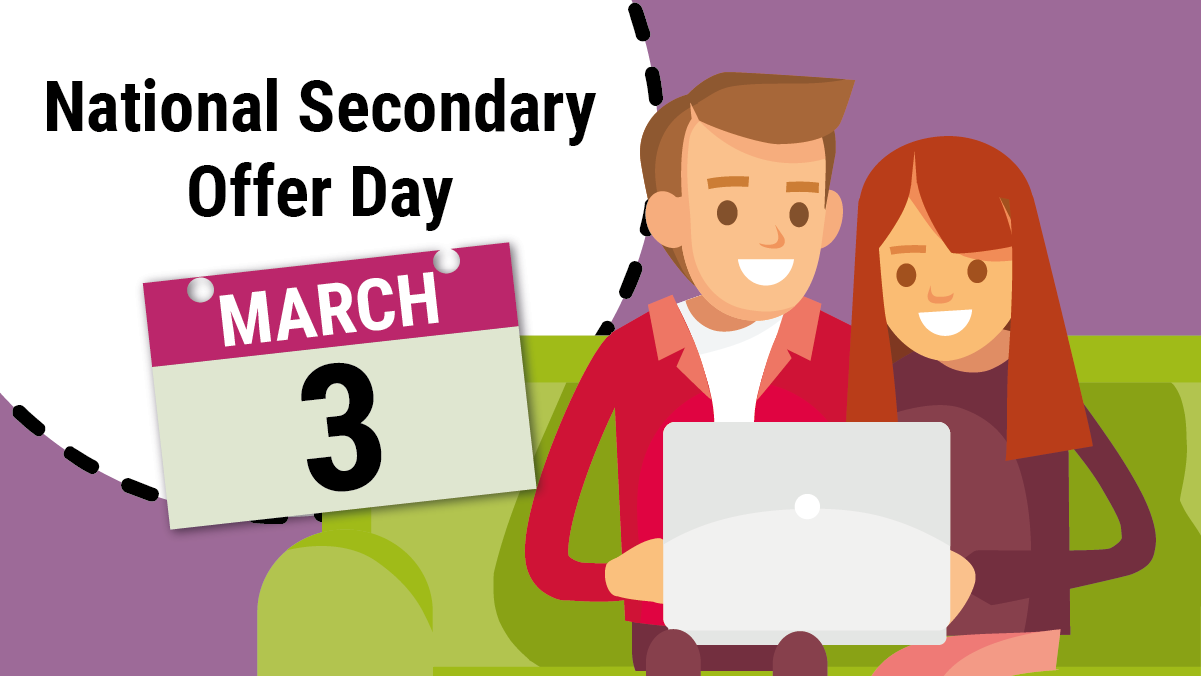 Two parents sat at a laptop smiling - National Secondary Offer Day March 3