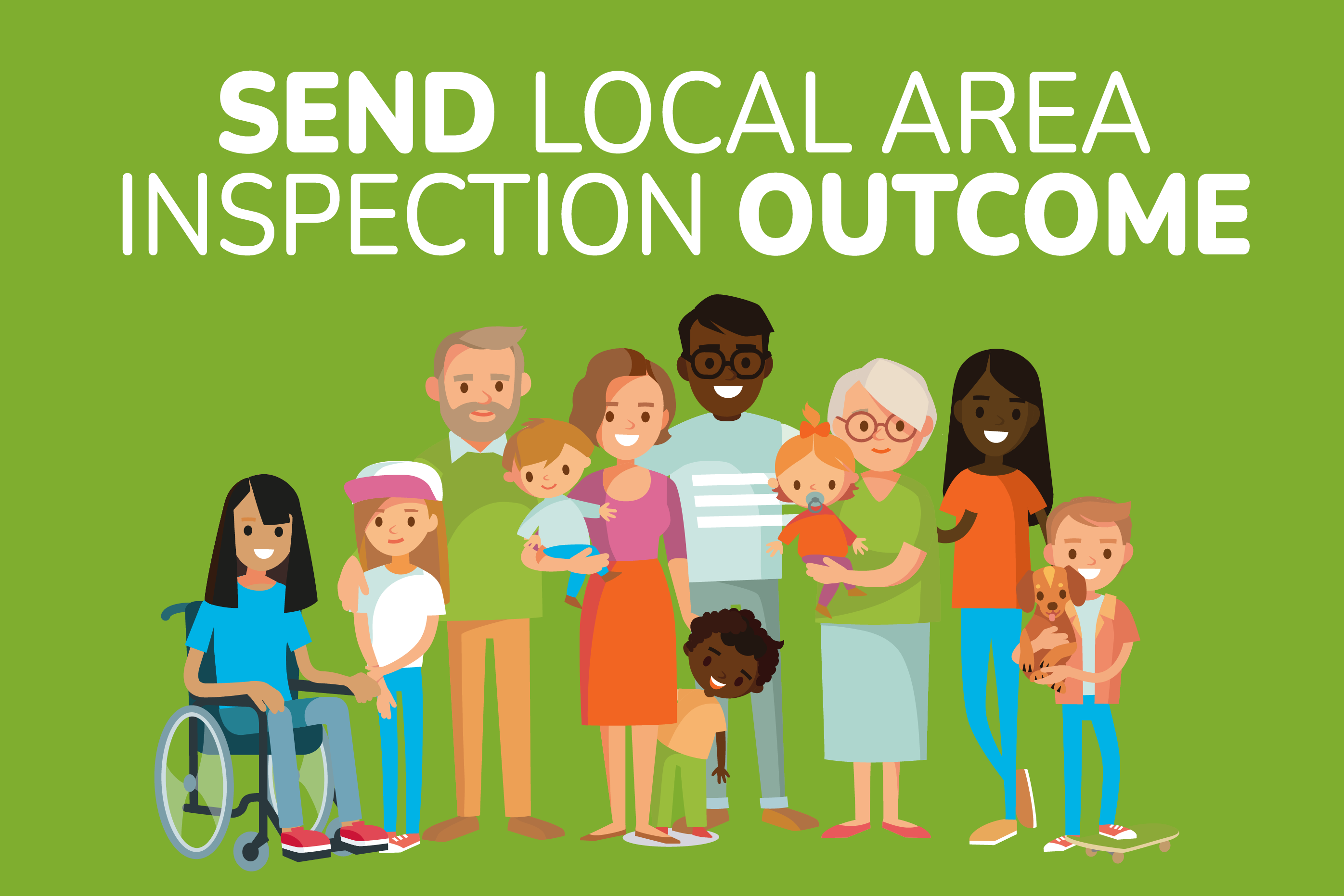 A diverse group of people of all different ages and abilities and the words 'SEND Local Area Inspection Outcome'