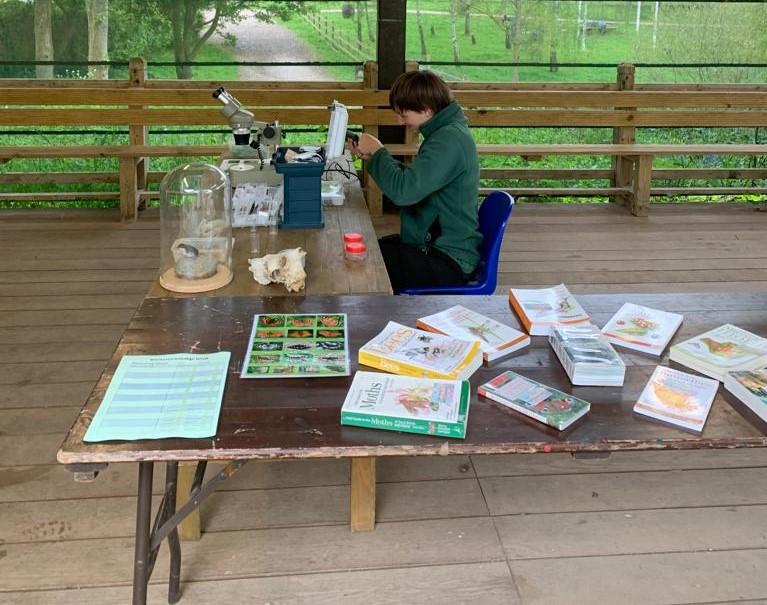 A ranger inspecting a microscope, surrounded by nature recording equipment and wildlife books