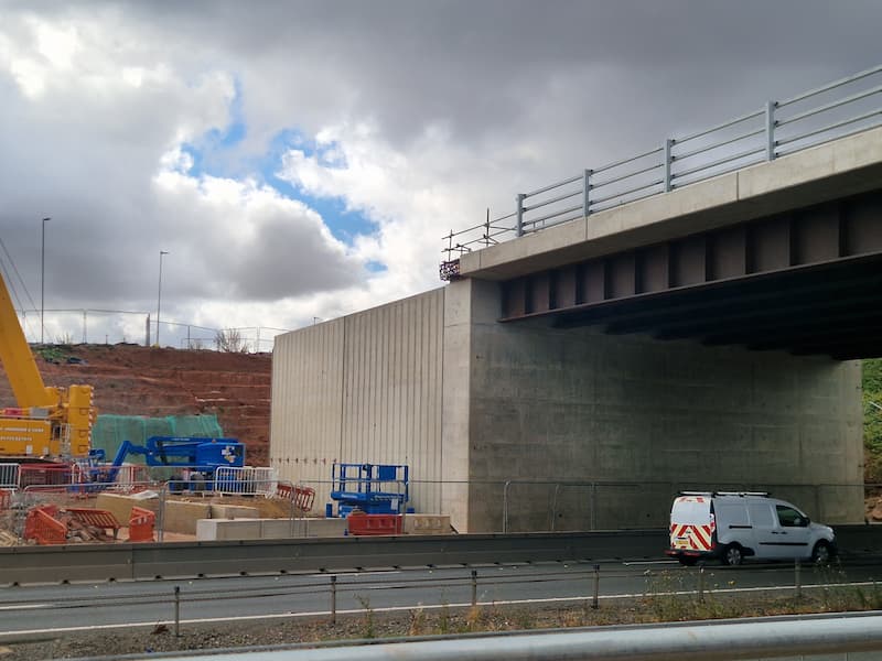 The concrete structure of the A46 junction on a cloudy day