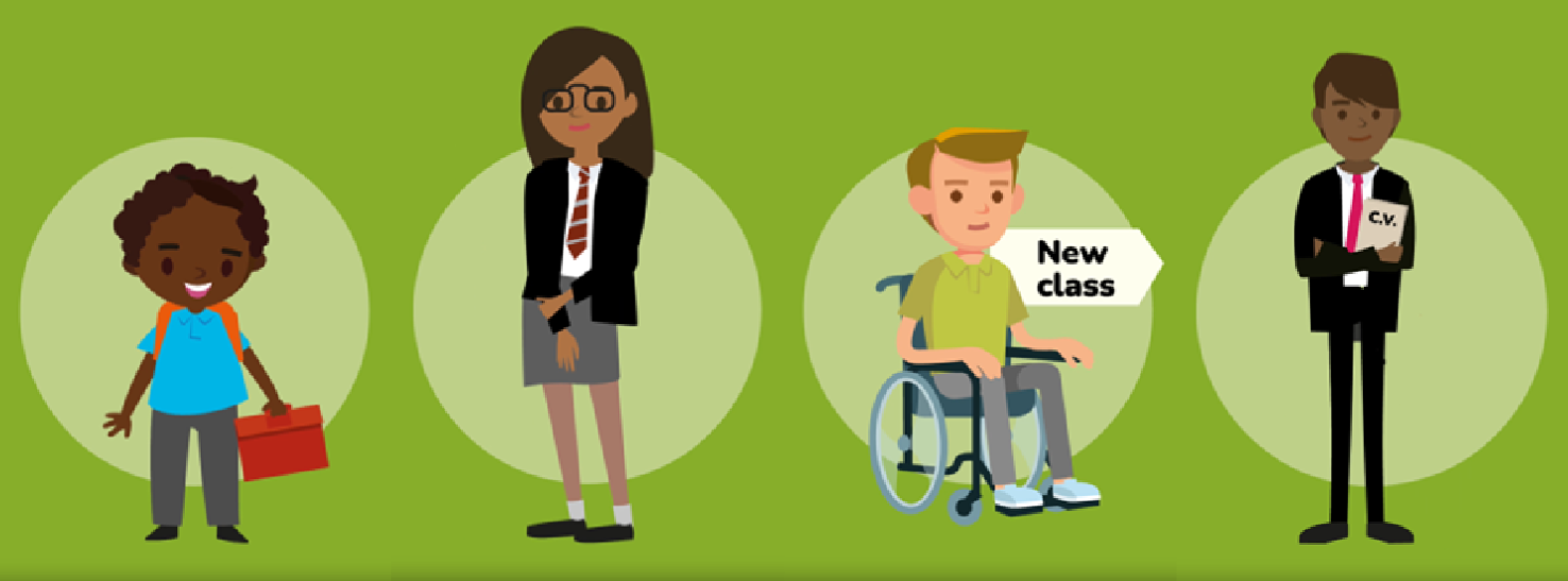 Cartoon showing school children of different ages, with one in a wheelchair.