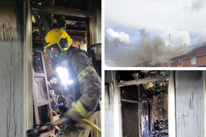 A collage of images showing a housefire, two taken inside and one from the outside