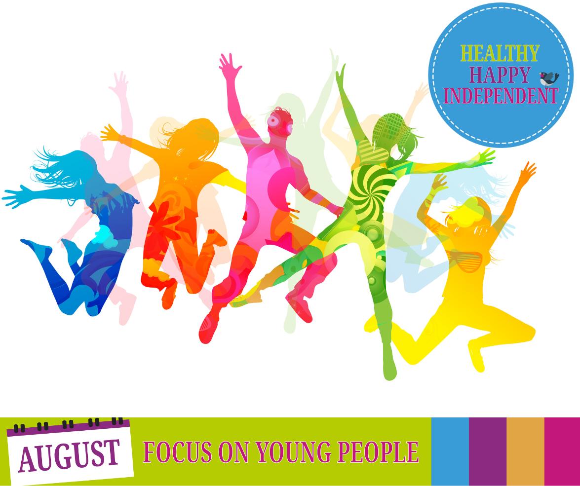 Graphic with outline of young people jumping in the air