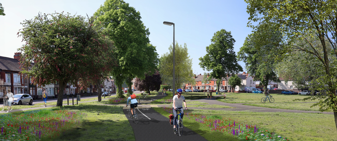 Artist impression View from dandelion roundabout towards the centre of abbey gardens