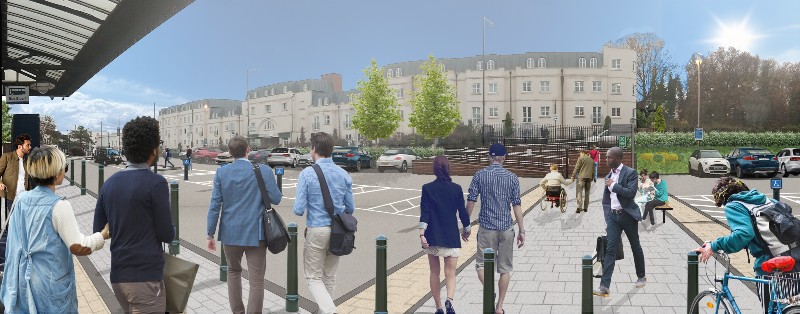 Proposed view of Leamington Spa station forecourt from the entrance of the station.