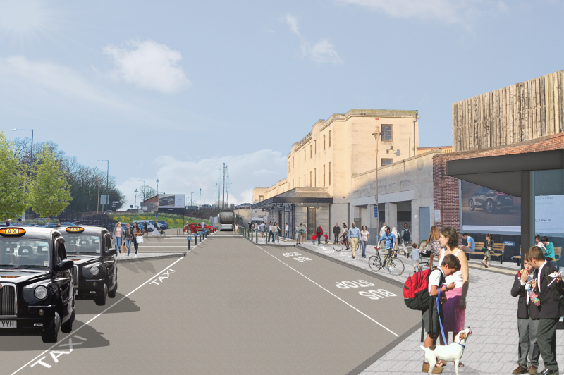 Proposed view of Leamington Spa station entrance, looking over the forecourt towards the station building.