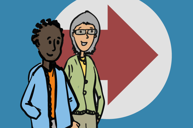 Illustration of two people stood in front of an arrow pointing to the right