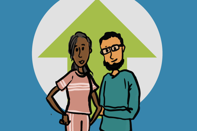 Illustration of two people in front of an arrow pointing upwards.