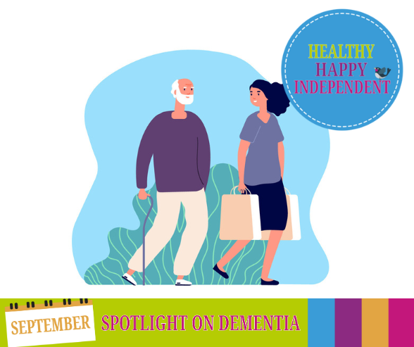 Graphic of a women helping a man with his shopping bags with a banner at the bottom that reads, spotlight on dementia