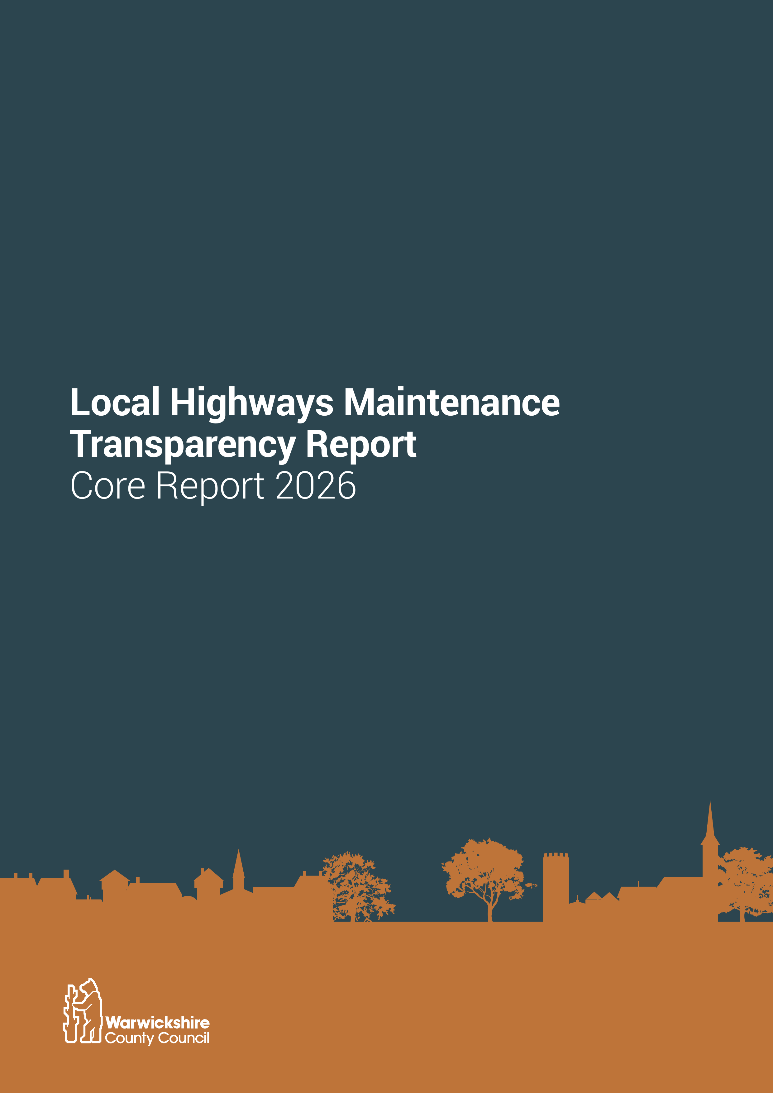The front cover of the report - dark green background and burnt orange graphic along the bottom representing Warwickshire landmarks