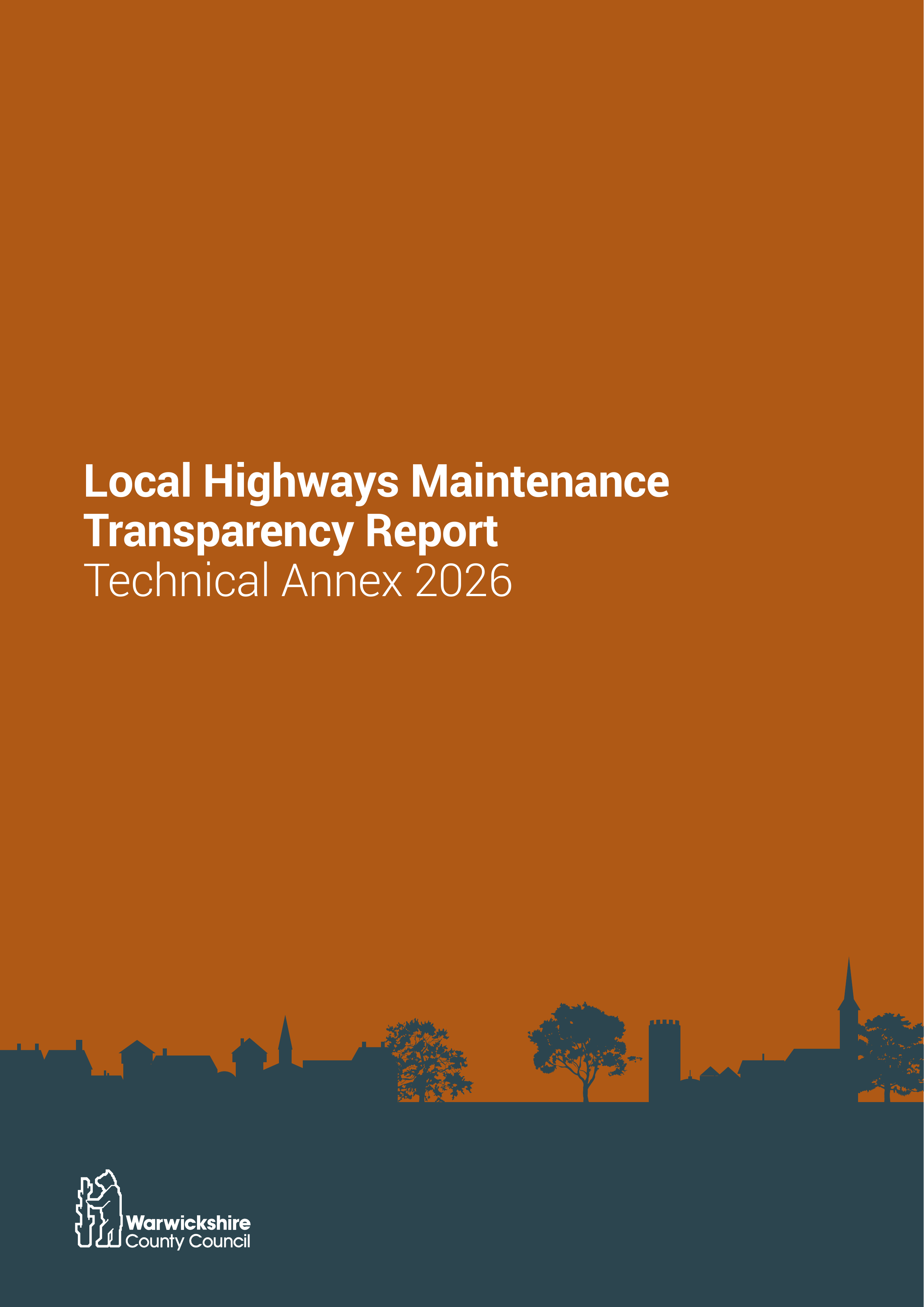 The front cover of the annex report - a burnt orange background and graphic representing Warwickshire landmarks