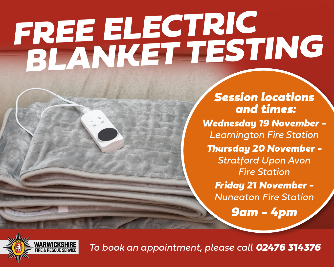 Electrical blanket testing infographic with information on dates, times and locations of the sessions