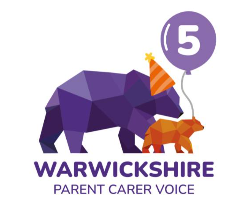 Big purple and little orange bear from the WPCV logo wearing a party hat and carrying a balloon with a '5' for their 5th birthday