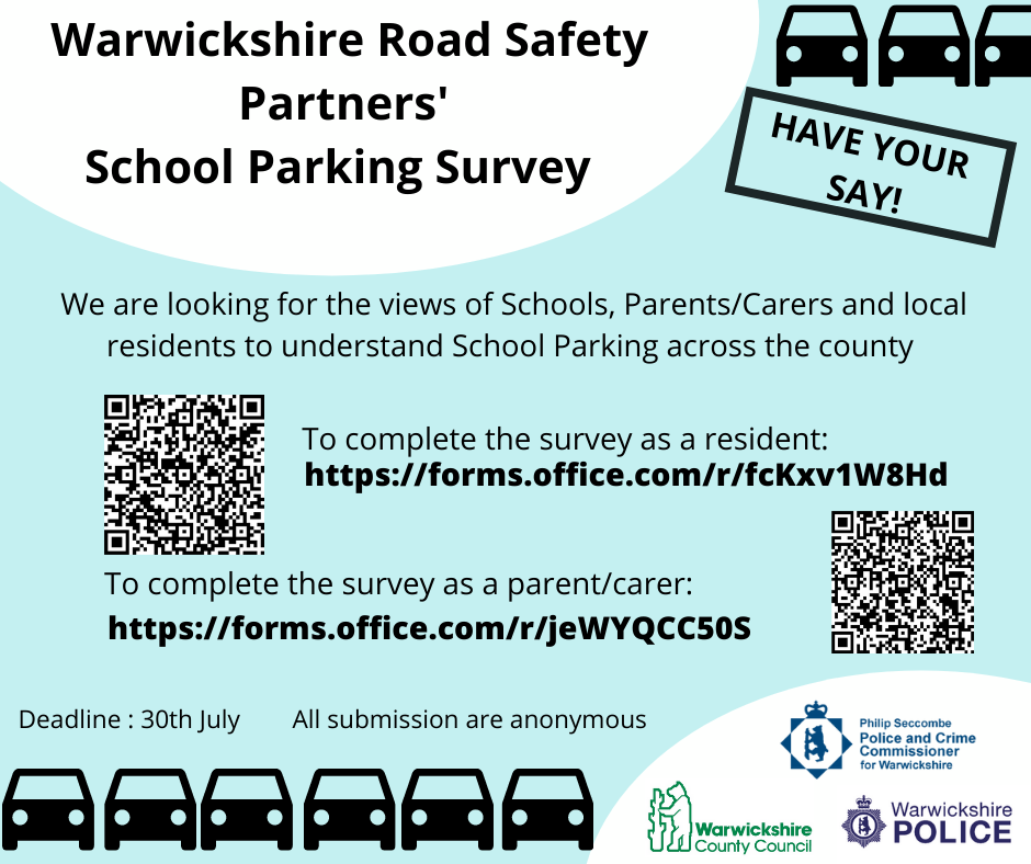 Warwickshire Road Safety Partners' School Parking Survey social media graphic with QR code