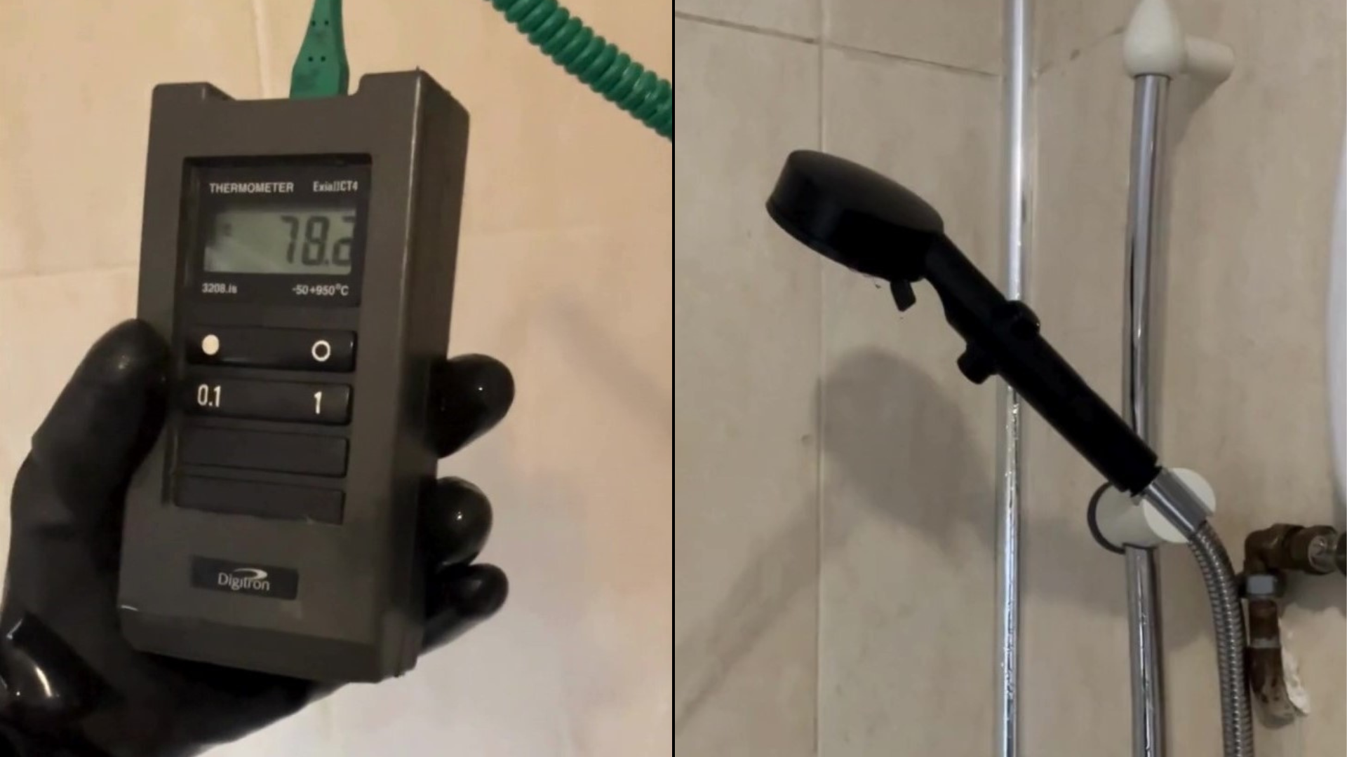 Thermometer showing high water temperatures and a faulty showerhead