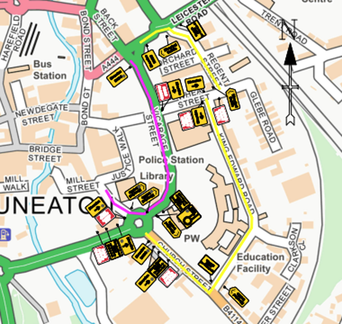 Justice Walk/Wheat Street Mini-Roundabout diversion route