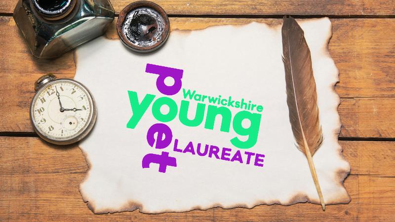 Stylized graphic of the Young Poet Laureate - green and purple text on a background with a pen and quill.