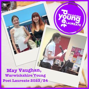A graphic containing and image of May reciting her poetry and receiving her Young Poet Laureate award