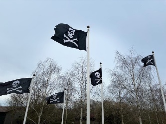 A group of black flags with skulls and crossbones on polesDescription automatically generated