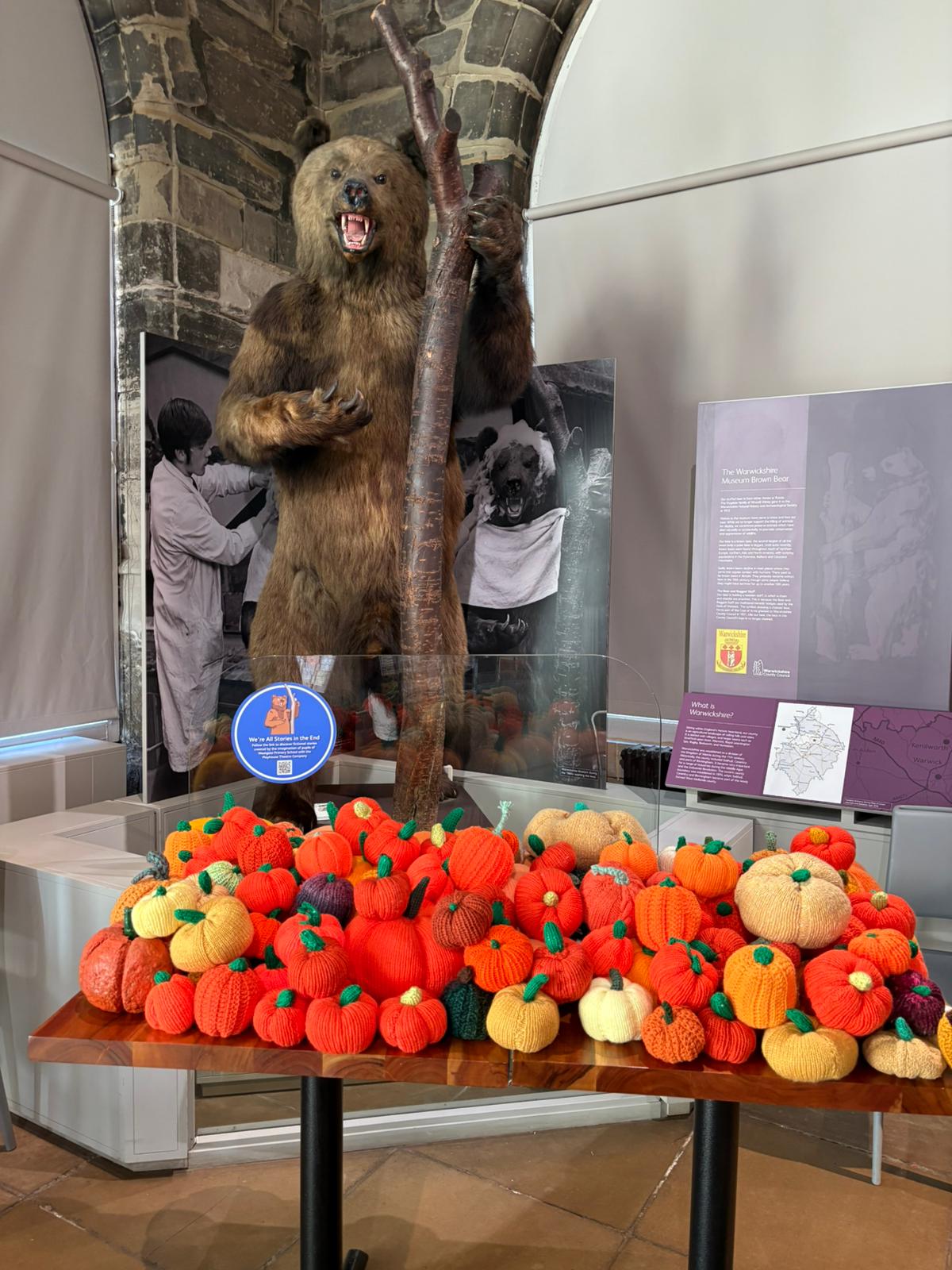Knitted pumpkins on a table in front of the Market Hall museum bear.