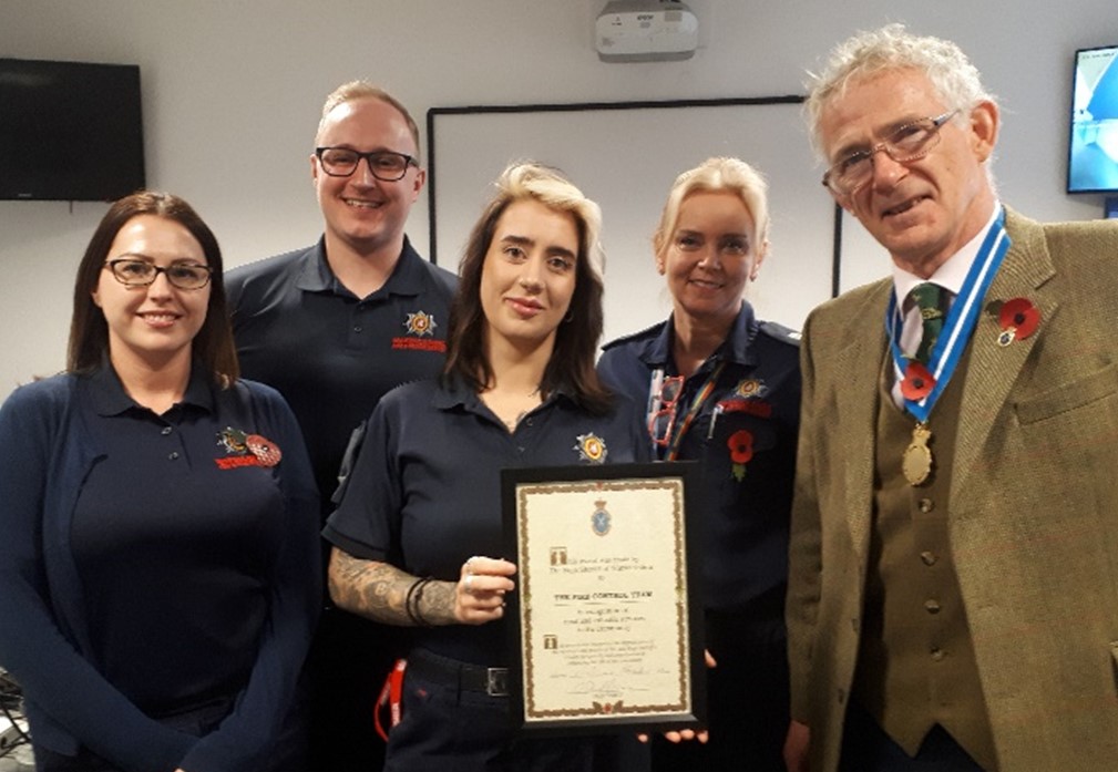 Fire control team with High Sheriff David Kelham and High Sheriff Award certificate