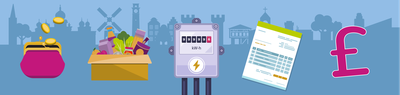A purse with coins, a box of food items, an electricity meter, a bill, a pound sign