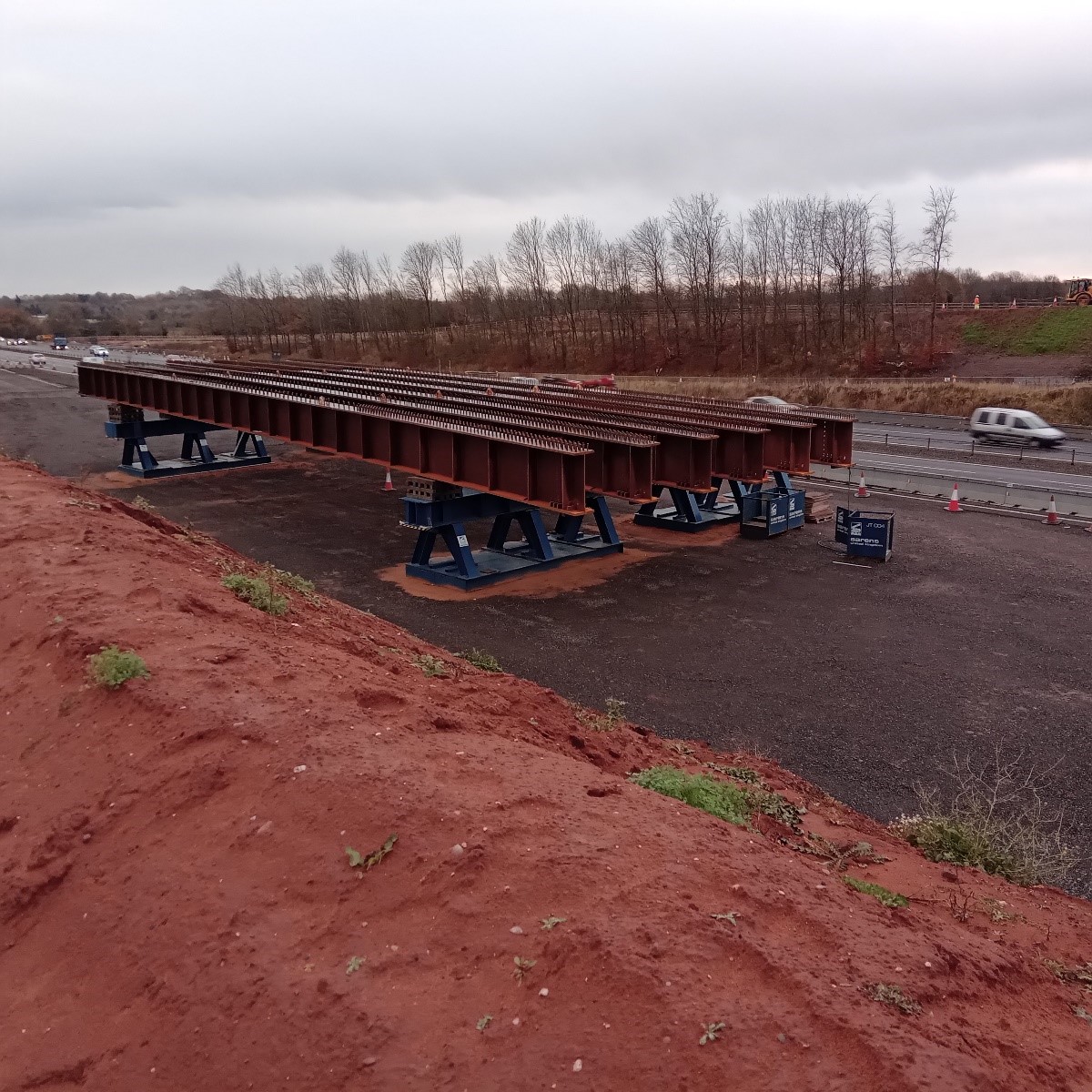 Figure 5 – The three new A46 Bridge Deck beams sitting on the support trestles