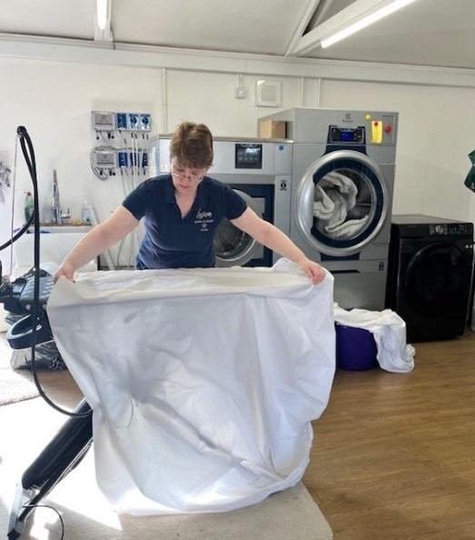 Lady using iron and ironing board