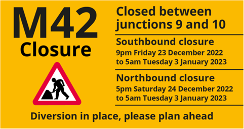 M42 to close between Junction 9 and 10 from Friday 23 December to Tuesday 3 January – Warwickshire County Council 